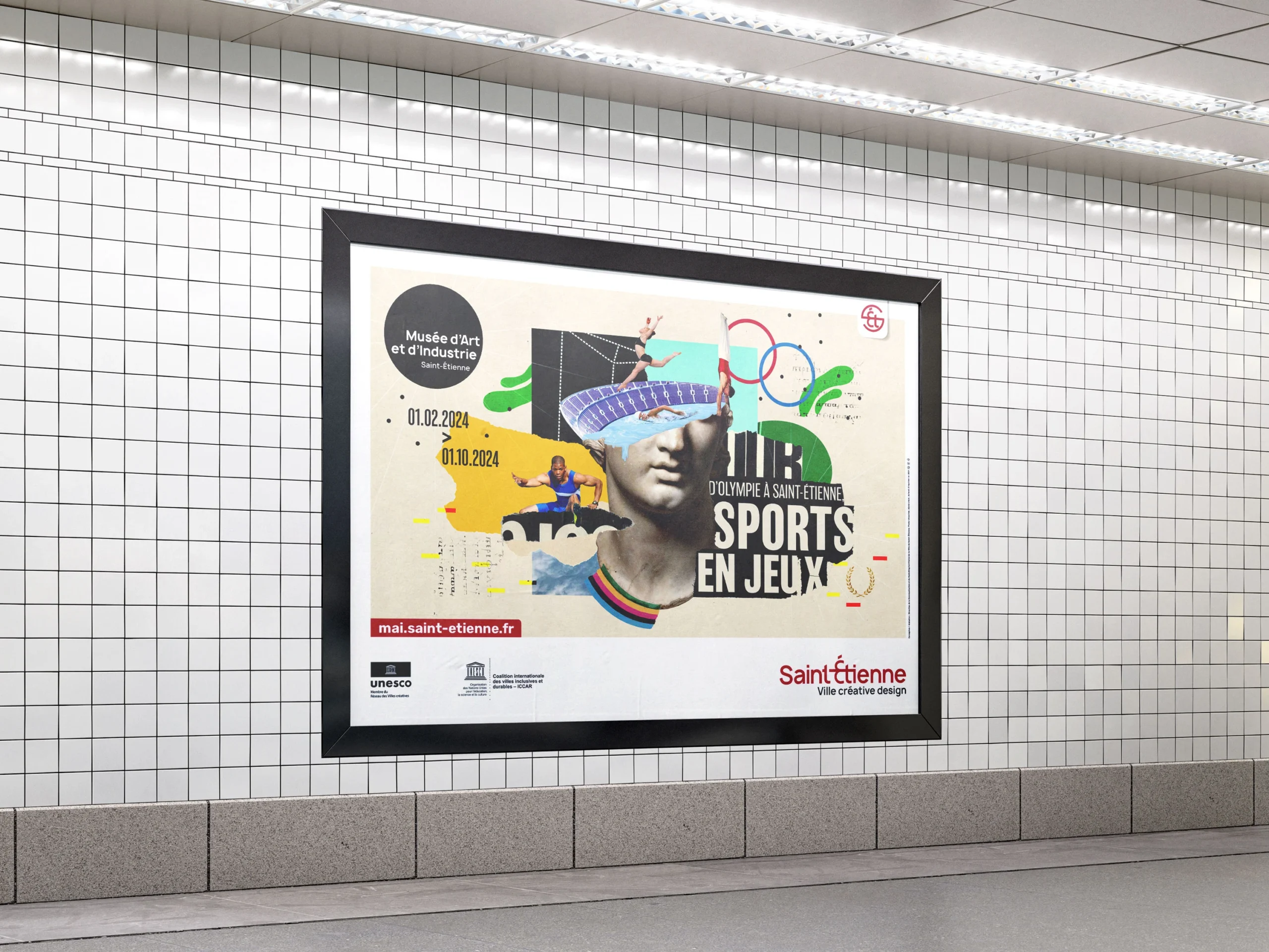 Proposition d&rsquo;affiche pour l&rsquo;exposition &laquo; D&rsquo;Olympie &agrave; Saint-&Eacute;tienne, sports en jeu(x) &raquo;, composition en collage autour de l&rsquo;histoire du sport olympique